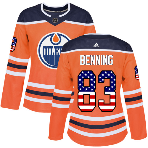 Women's Adidas Edmonton Oilers #83 Matt Benning Authentic Orange USA Flag Fashion NHL Jersey