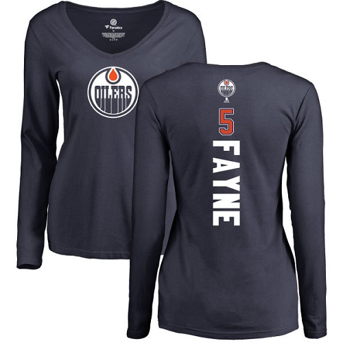 NHL Women's Adidas Edmonton Oilers #5 Mark Fayne Navy Blue Backer Slim Fit Long Sleeve T-Shirt