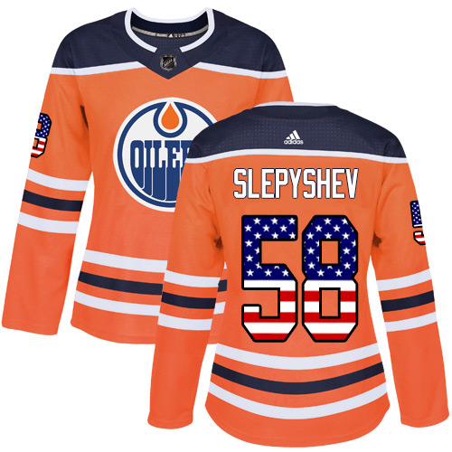 Women's Adidas Edmonton Oilers #58 Anton Slepyshev Authentic Orange USA Flag Fashion NHL Jersey