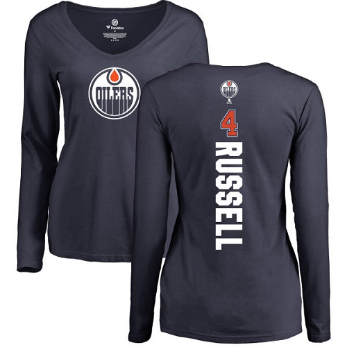 NHL Women's Adidas Edmonton Oilers #4 Kris Russell Navy Blue Backer Slim Fit Long Sleeve T-Shirt
