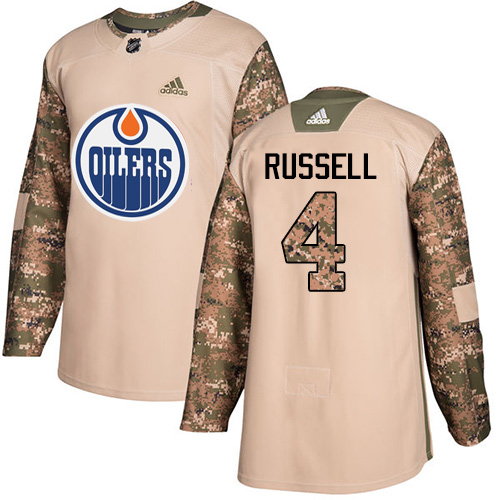 Youth Adidas Edmonton Oilers #4 Kris Russell Authentic Camo Veterans Day Practice NHL Jersey