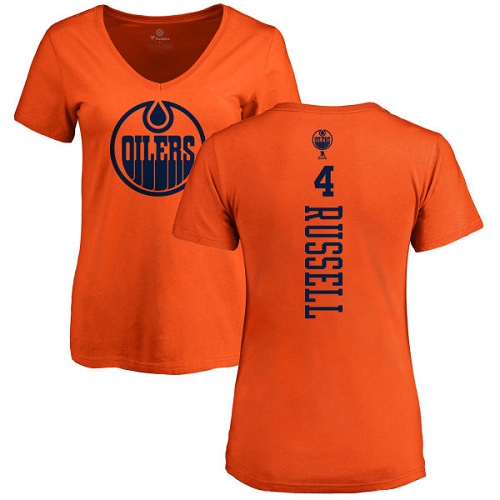 NHL Women's Adidas Edmonton Oilers #4 Kris Russell Orange One Color Backer Slim Fit V-Neck T-Shirt