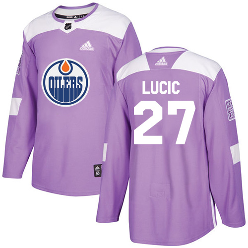 Men's Adidas Edmonton Oilers #27 Milan Lucic Authentic Purple Fights Cancer Practice NHL Jersey