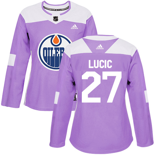 Women's Adidas Edmonton Oilers #27 Milan Lucic Authentic Purple Fights Cancer Practice NHL Jersey