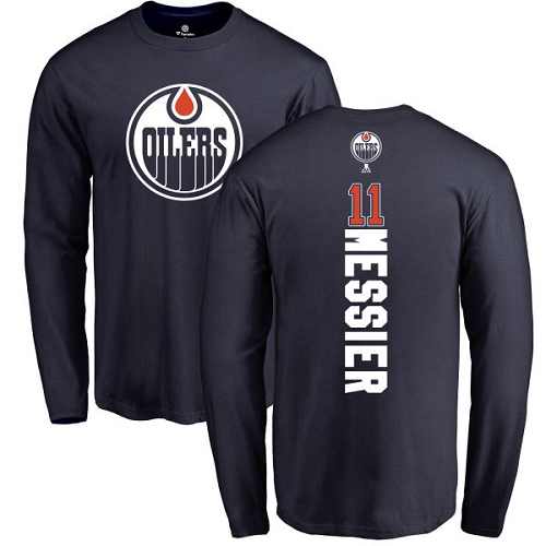 NHL Adidas Edmonton Oilers #11 Mark Messier Navy Blue Backer Long Sleeve T-Shirt