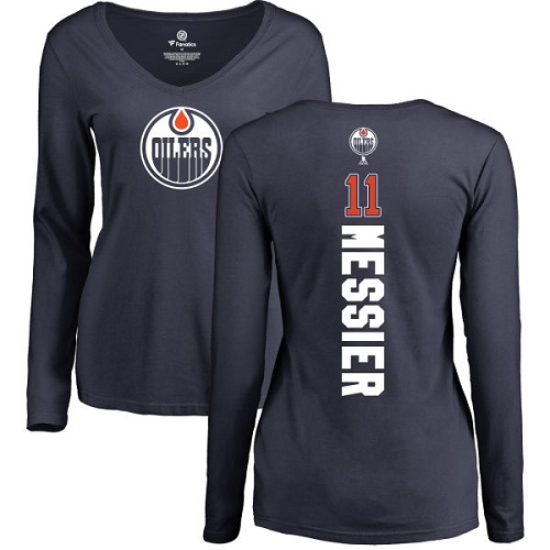 NHL Women's Adidas Edmonton Oilers #11 Mark Messier Navy Blue Backer Slim Fit Long Sleeve T-Shirt