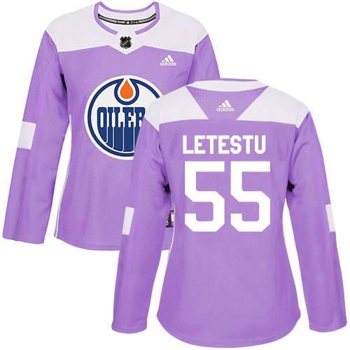 Women's Adidas Edmonton Oilers #55 Mark Letestu Authentic Purple Fights Cancer Practice NHL Jersey