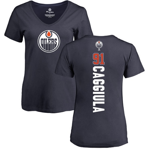 NHL Women's Adidas Edmonton Oilers #91 Drake Caggiula Navy Blue Backer Slim Fit V-Neck T-Shirt