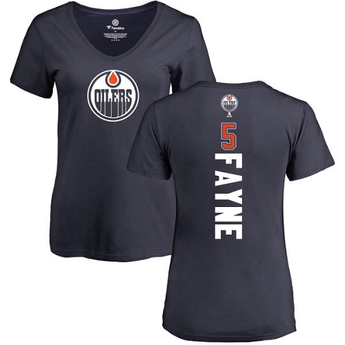 NHL Women's Adidas Edmonton Oilers #5 Mark Fayne Navy Blue Backer Slim Fit V-Neck T-Shirt
