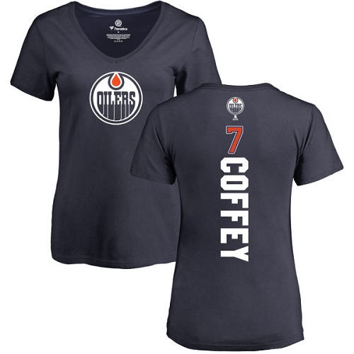 NHL Women's Adidas Edmonton Oilers #7 Paul Coffey Navy Blue Backer Slim Fit V-Neck T-Shirt