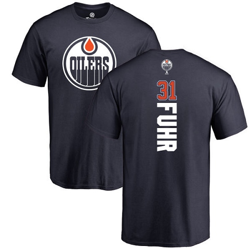NHL Adidas Edmonton Oilers #31 Grant Fuhr Navy Blue Backer T-Shirt