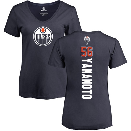 NHL Women's Adidas Edmonton Oilers #56 Kailer Yamamoto Navy Blue Backer Slim Fit V-Neck T-Shirt