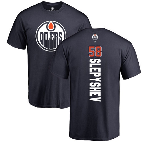 NHL Adidas Edmonton Oilers #58 Anton Slepyshev Navy Blue Backer T-Shirt