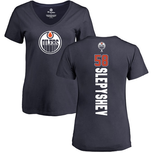 NHL Women's Adidas Edmonton Oilers #58 Anton Slepyshev Navy Blue Backer Slim Fit V-Neck T-Shirt