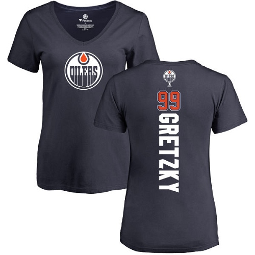 NHL Women's Adidas Edmonton Oilers #99 Wayne Gretzky Navy Blue Backer Slim Fit V-Neck T-Shirt