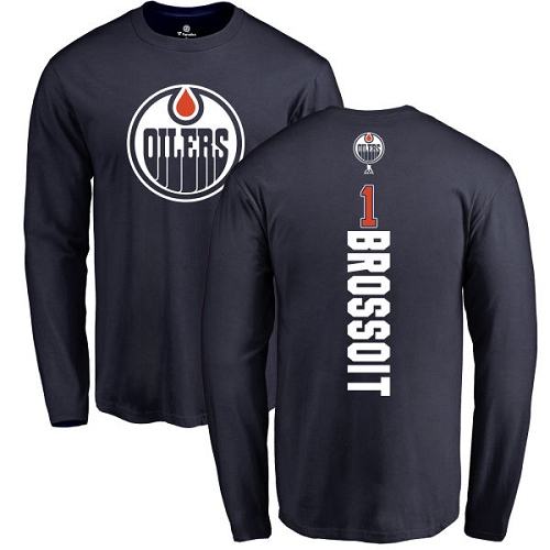 NHL Adidas Edmonton Oilers #1 Laurent Brossoit Navy Blue Backer Long Sleeve T-Shirt