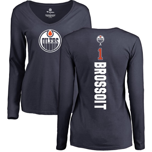 NHL Women's Adidas Edmonton Oilers #1 Laurent Brossoit Navy Blue Backer Slim Fit Long Sleeve T-Shirt
