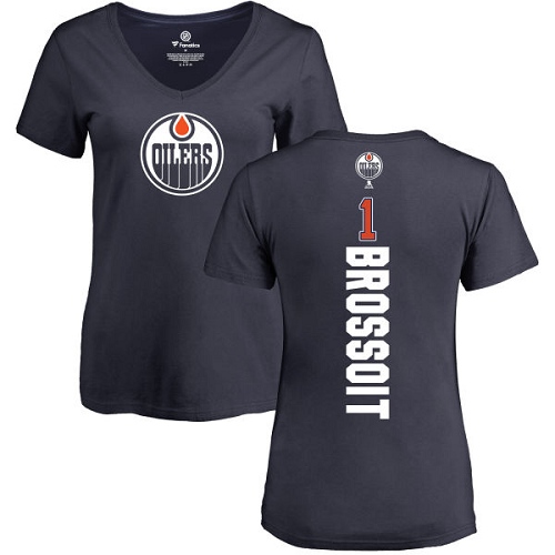 NHL Women's Adidas Edmonton Oilers #1 Laurent Brossoit Navy Blue Backer Slim Fit V-Neck T-Shirt