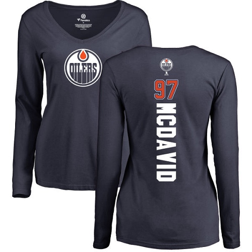 NHL Women's Adidas Edmonton Oilers #97 Connor McDavid Navy Blue Backer Slim Fit Long Sleeve T-Shirt