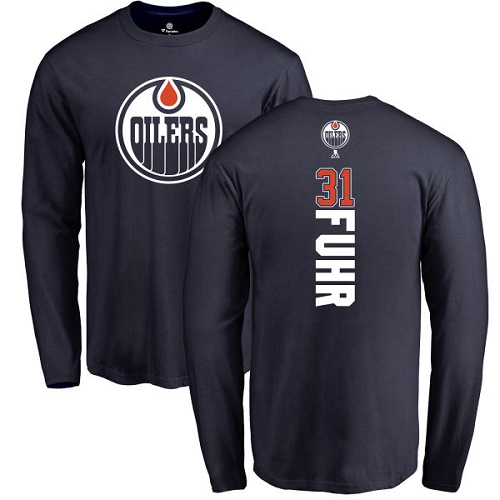 NHL Adidas Edmonton Oilers #31 Grant Fuhr Navy Blue Backer Long Sleeve T-Shirt