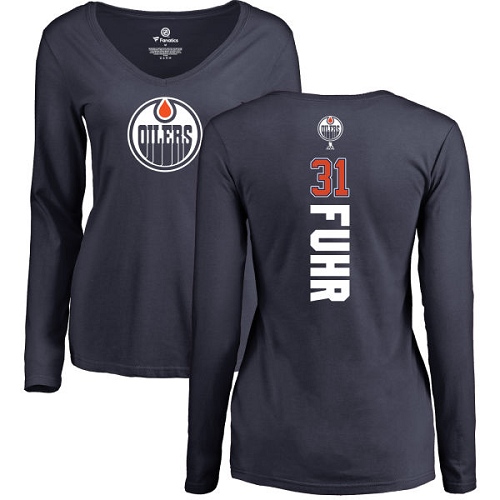 NHL Women's Adidas Edmonton Oilers #31 Grant Fuhr Navy Blue Backer Slim Fit Long Sleeve T-Shirt