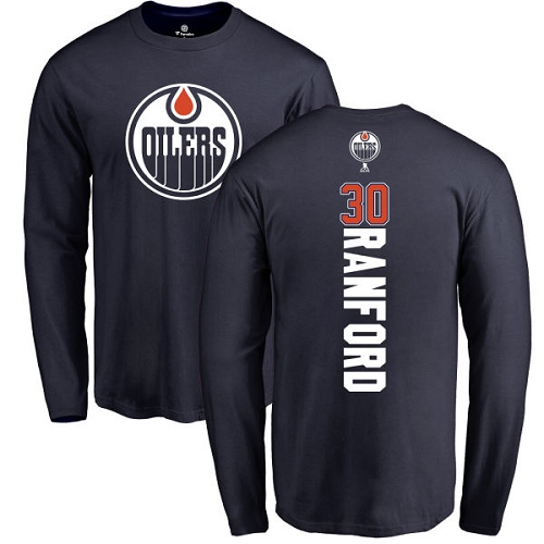 NHL Adidas Edmonton Oilers #30 Bill Ranford Navy Blue Backer Long Sleeve T-Shirt