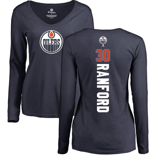 NHL Women's Adidas Edmonton Oilers #30 Bill Ranford Navy Blue Backer Slim Fit Long Sleeve T-Shirt