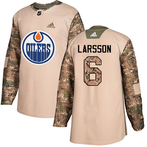 Men's Adidas Edmonton Oilers #6 Adam Larsson Authentic Camo Veterans Day Practice NHL Jersey