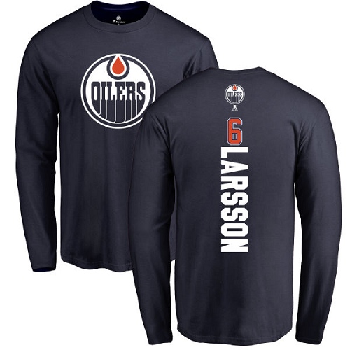 NHL Adidas Edmonton Oilers #6 Adam Larsson Navy Blue Backer Long Sleeve T-Shirt
