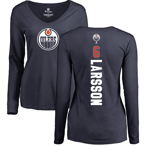 NHL Women's Adidas Edmonton Oilers #6 Adam Larsson Navy Blue Backer Slim Fit Long Sleeve T-Shirt