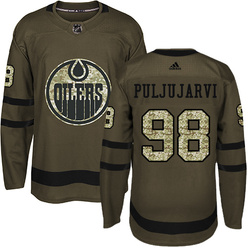 Men's Adidas Edmonton Oilers #98 Jesse Puljujarvi Authentic Green Salute to Service NHL Jersey