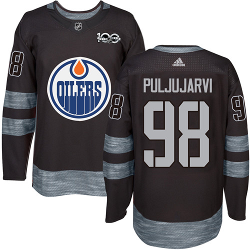 Men's Adidas Edmonton Oilers #98 Jesse Puljujarvi Authentic Black 1917-2017 100th Anniversary NHL Jersey