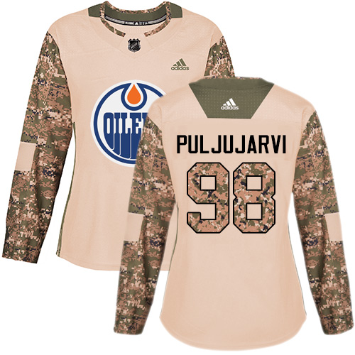Women's Adidas Edmonton Oilers #98 Jesse Puljujarvi Authentic Camo Veterans Day Practice NHL Jersey