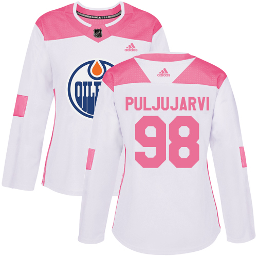 Women's Adidas Edmonton Oilers #98 Jesse Puljujarvi Authentic White/Pink Fashion NHL Jersey