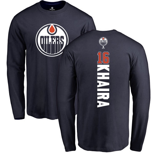NHL Adidas Edmonton Oilers #16 Jujhar Khaira Navy Blue Backer Long Sleeve T-Shirt