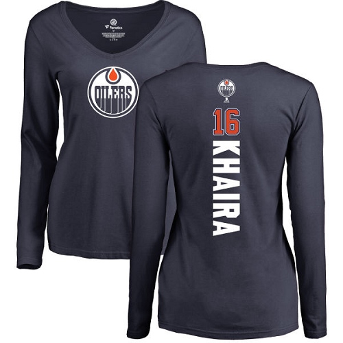 NHL Women's Adidas Edmonton Oilers #16 Jujhar Khaira Navy Blue Backer Slim Fit Long Sleeve T-Shirt