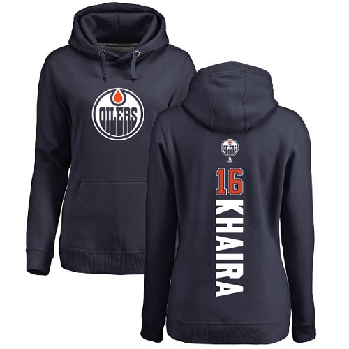 NHL Women's Adidas Edmonton Oilers #16 Jujhar Khaira Navy Blue Backer Pullover Hoodie