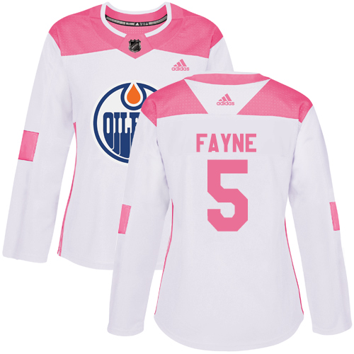 Women's Adidas Edmonton Oilers #5 Mark Fayne Authentic White/Pink Fashion NHL Jersey
