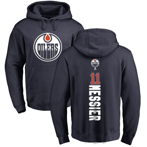 NHL Adidas Edmonton Oilers #11 Mark Messier Navy Blue Backer Pullover Hoodie