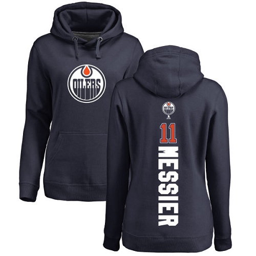 NHL Women's Adidas Edmonton Oilers #11 Mark Messier Navy Blue Backer Pullover Hoodie