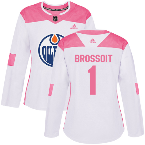 Women's Adidas Edmonton Oilers #1 Laurent Brossoit Authentic White/Pink Fashion NHL Jersey