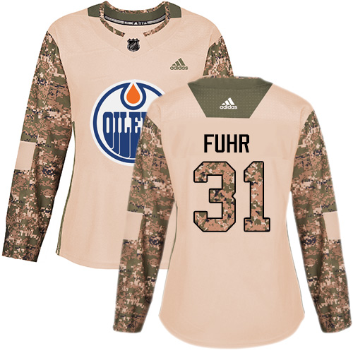 Women's Adidas Edmonton Oilers #31 Grant Fuhr Authentic Camo Veterans Day Practice NHL Jersey