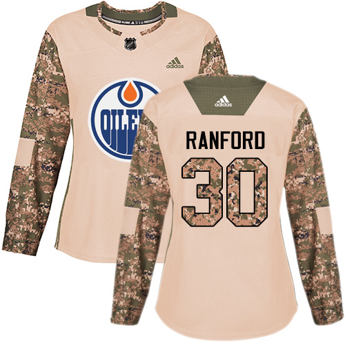 Women's Adidas Edmonton Oilers #30 Bill Ranford Authentic Camo Veterans Day Practice NHL Jersey