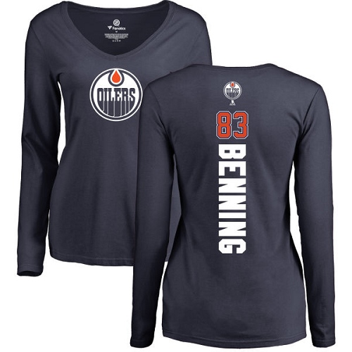 NHL Women's Adidas Edmonton Oilers #83 Matt Benning Navy Blue Backer Slim Fit Long Sleeve T-Shirt