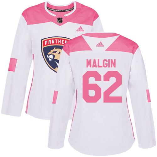 Women's Adidas Florida Panthers #62 Denis Malgin Authentic White/Pink Fashion NHL Jersey