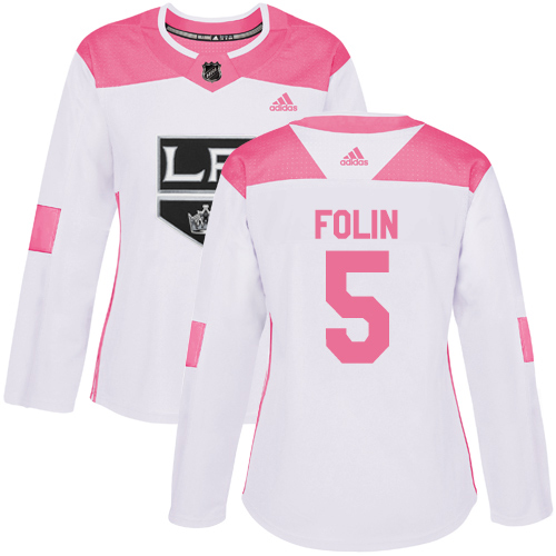 Women's Adidas Los Angeles Kings #5 Christian Folin Authentic White/Pink Fashion NHL Jersey