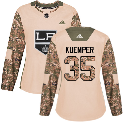 Women's Adidas Los Angeles Kings #35 Darcy Kuemper Authentic Camo Veterans Day Practice NHL Jersey