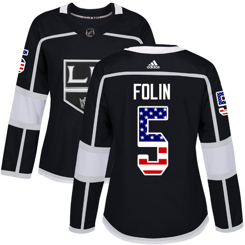 Women's Adidas Los Angeles Kings #5 Christian Folin Authentic Black USA Flag Fashion NHL Jersey