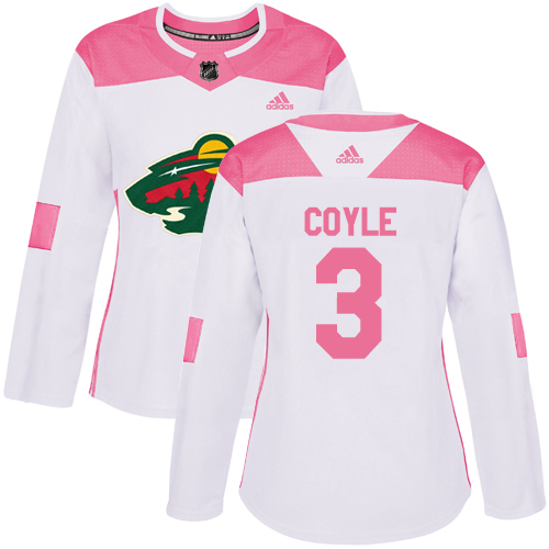 Women's Adidas Minnesota Wild #3 Charlie Coyle Authentic White/Pink Fashion NHL Jersey