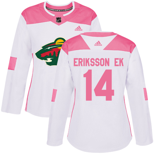 Women's Adidas Minnesota Wild #14 Joel Eriksson Ek Authentic White/Pink Fashion NHL Jersey